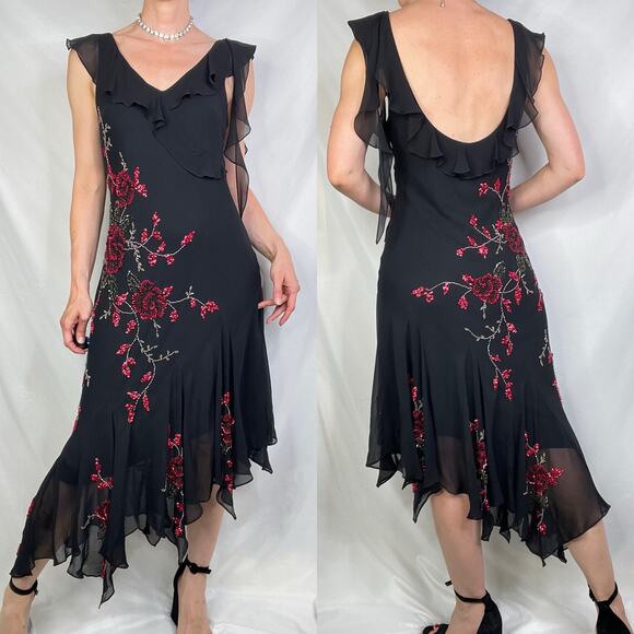 Sue Wong beaded sequin rose floral silk dress midi maxi gown prom asymmetrical M - Picture 12 of 15